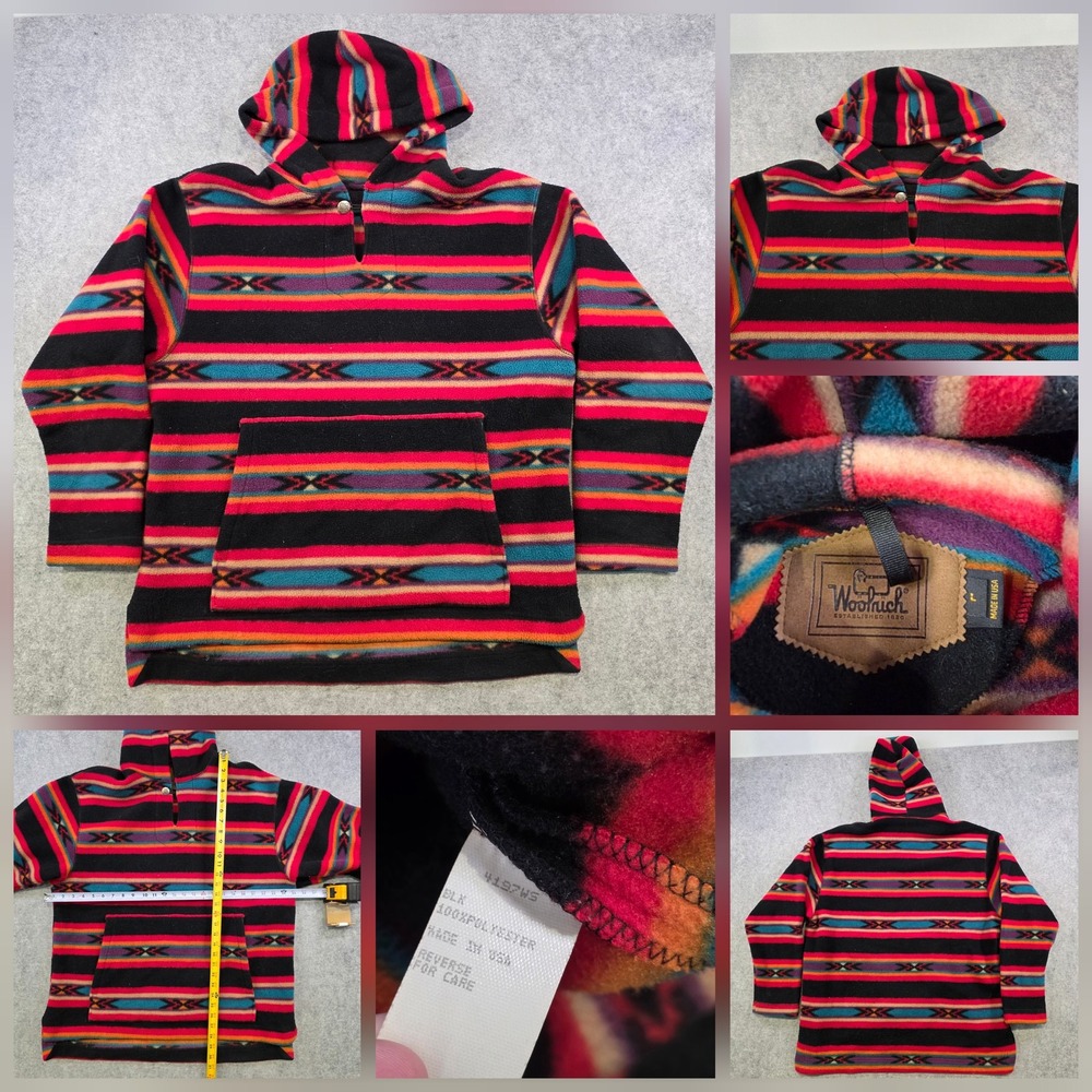 VTG 90s Woolrich Hoodie Mens Large Multicolor Fleece Striped Tribal Sweatshirt